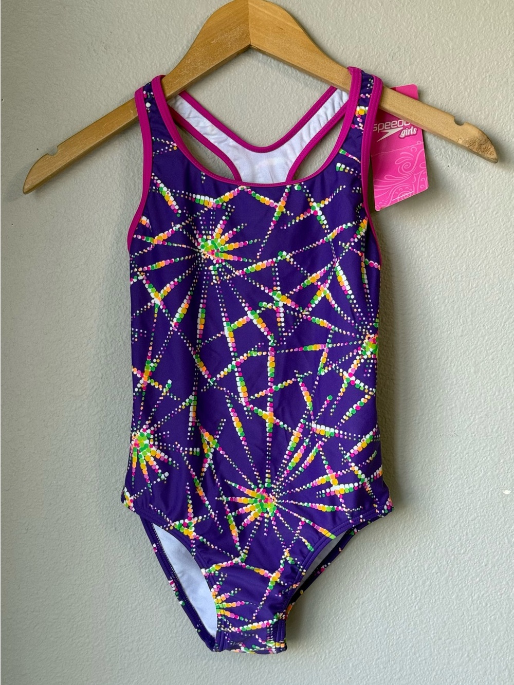 Speedo Girls Purple Neon Burst One-Piece Swimsuit with Pink Trim Size 10 NWT
